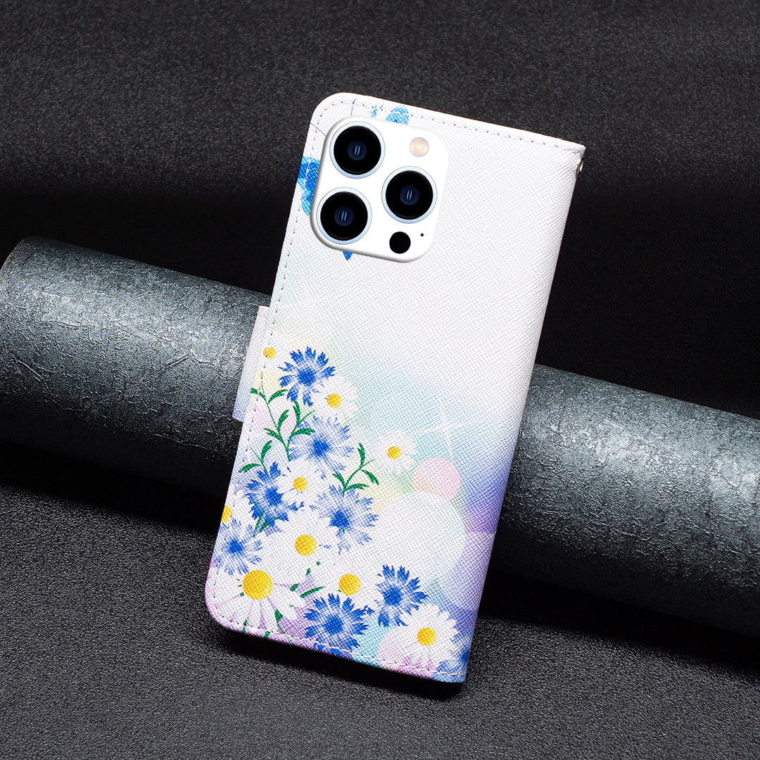 PU Leather Pattern Printing Wallet Case for iPhone 15 Pro , Stand Anti-drop Phone Cover - Butterfly and Flowers PU Leather Pattern Printing Wallet Case for iPhone 15 Pro , Stand Anti-drop Phone Cover - Butterfly and Flowers